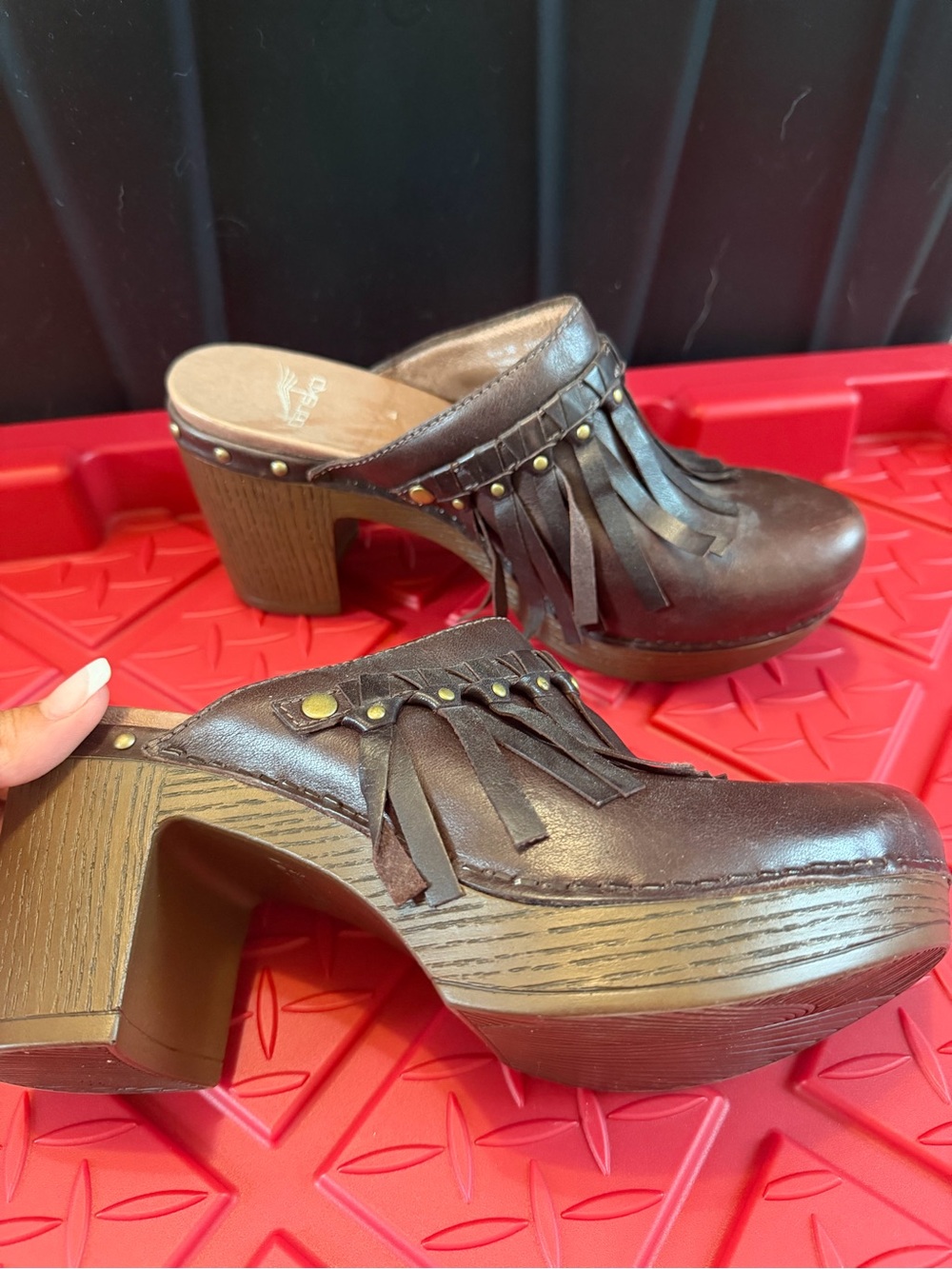 Dansko Brown Leather Fringe Clogs